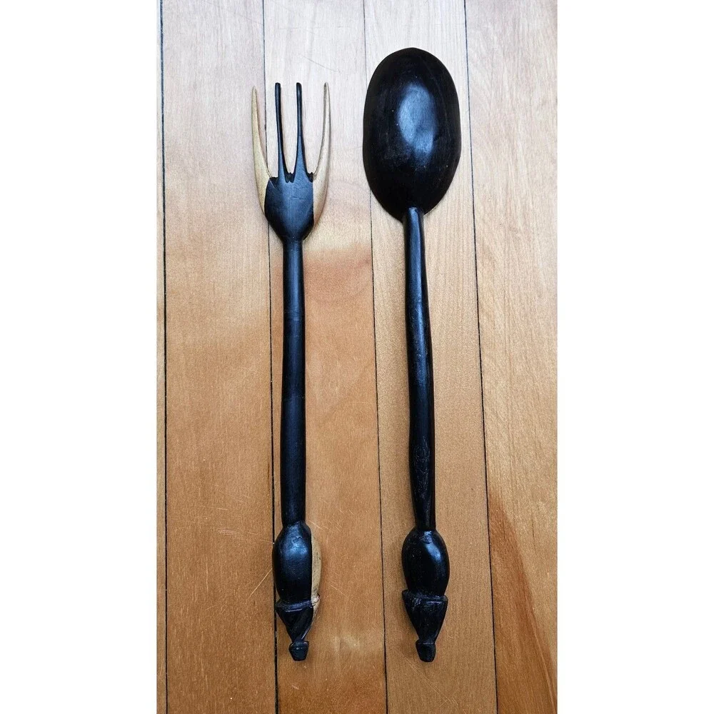 Handcarved Ebony and Ivory Wooden Hut Salad Servers from Mali